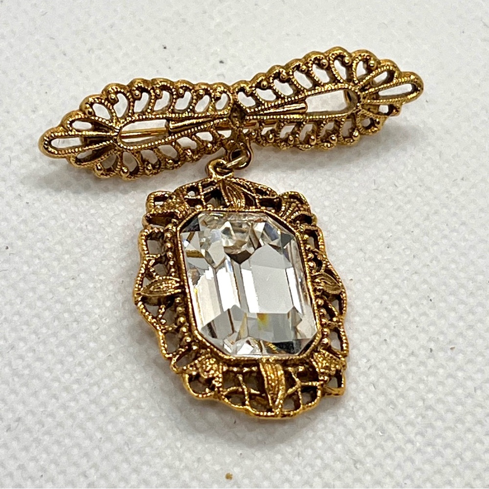 Vtg Exquisite Gold Tone Victorian Art Deco Square Clear Rhinestone Brooch Pin‎